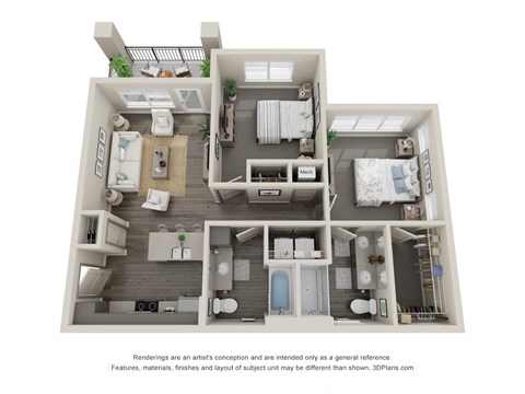 Floor plan for 2 beds, 2 baths, 997 sqft